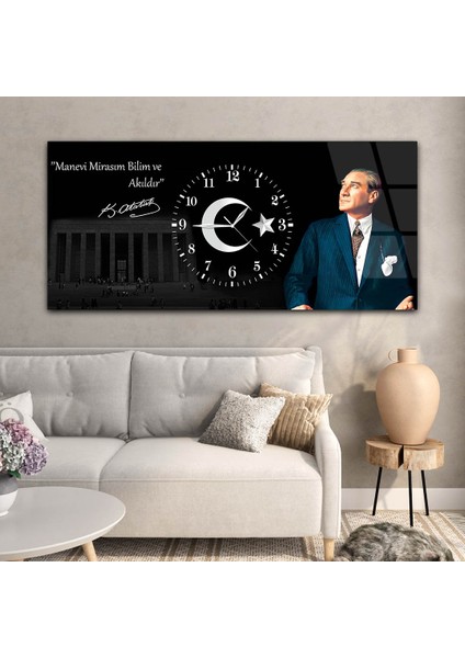 Yatay Ortadan Saatli Vatan Temalı Cam Tablo YSOV021