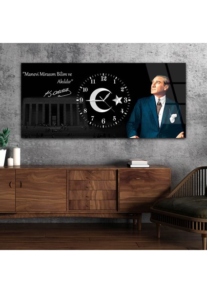 Yatay Ortadan Saatli Vatan Temalı Cam Tablo YSOV021