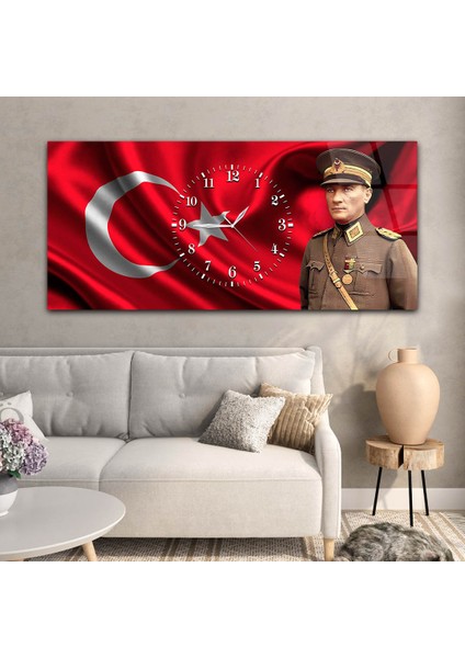Yatay Saatli Ortadan Vatan Temalı Cam Tablo YSOV097