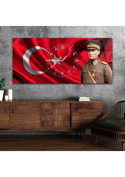 Yatay Saatli Ortadan Vatan Temalı Cam Tablo YSOV097