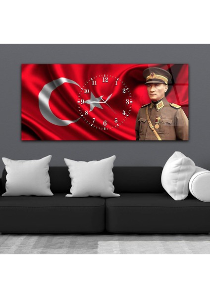 Yatay Saatli Ortadan Vatan Temalı Cam Tablo YSOV097