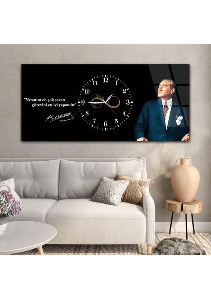 Yatay Saatli Ortadan Vatan Temalı Cam Tablo YSOV126