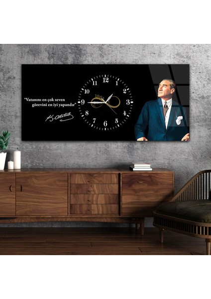 Yatay Saatli Ortadan Vatan Temalı Cam Tablo YSOV126