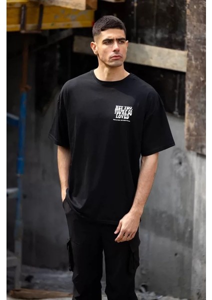 Unisex Bisiklet Yaka Baskılı Oversize T-Shirt - Siyah