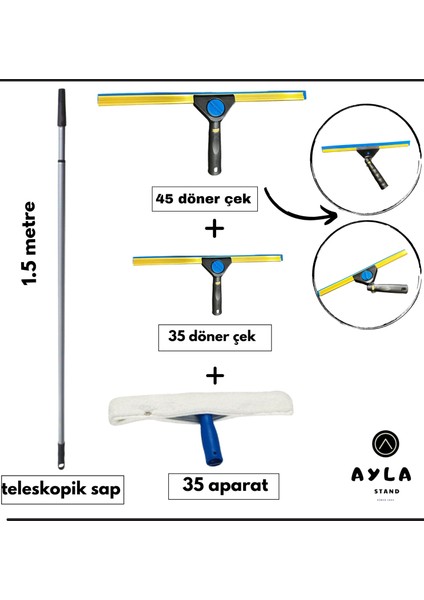 1.5 Metre Teleskopik Cam Silme Seti – Döner Başlıklı 45+35 cm Cam Çek + 35 cm Mop Ucu