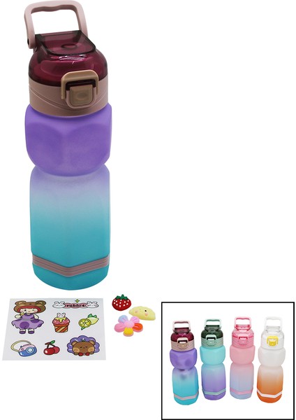 Altıgen Renkli Pls.suluk Matara Pipetli - Kilitli Kapak - Taşıma Kulplusticker HEDİYELİ760ML