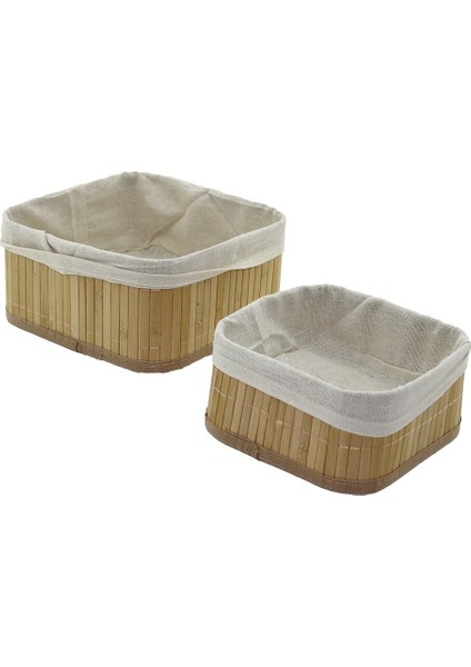 2li Kare Bambu Kenar Organizer Sepet Ahşap Altlık - Bezli 21X21X10cm - 17X17X8cm