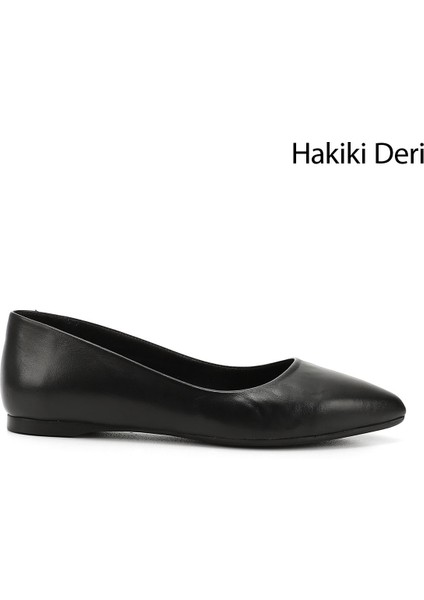 Kadın Siyah Sivri Burun Düz Taban Hakiki Deri Babet