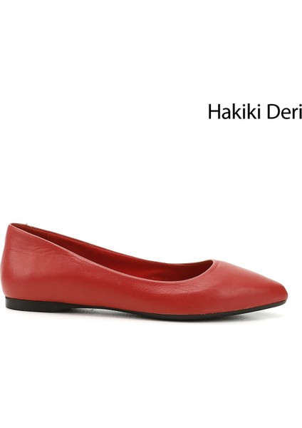 Kadın Kırmızı Antik Sivri Burun Düz Taban Hakiki Deri Babet