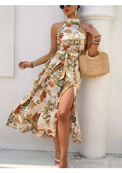Kadın Omuzlardan Açık Halter Yakalı Yırtmaçlı Çiçek Desenli Süprem Elbise