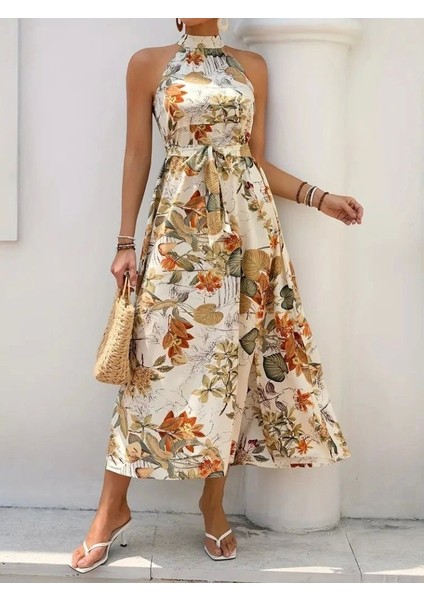Kadın Omuzlardan Açık Halter Yakalı Yırtmaçlı Çiçek Desenli Süprem Elbise fiyatları