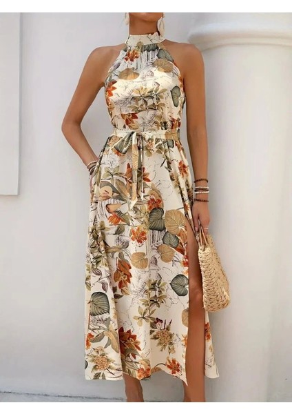 Kadın Omuzlardan Açık Halter Yakalı Yırtmaçlı Çiçek Desenli Süprem Elbise modelleri