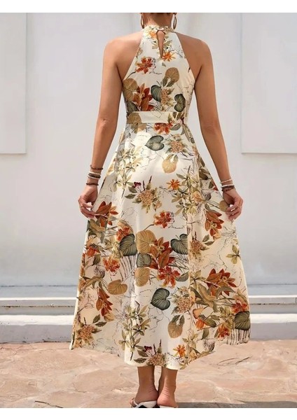 Kadın Omuzlardan Açık Halter Yakalı Yırtmaçlı Çiçek Desenli Süprem Elbise indirimleri