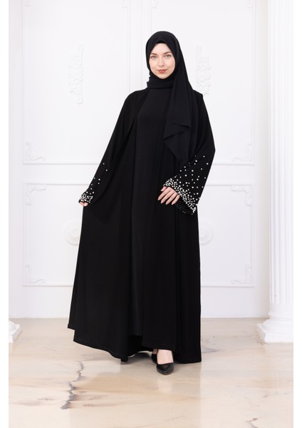 Siyah Iç Elbiseli Inci ve Taş Işlemeli Kuşaklı Abaya - Ferace indirimleri