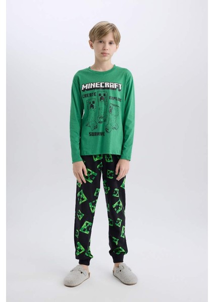 Yeni Sezon Erkek Çocuk Minecraft Pijama Takımı Bisiklet Yaka Uzun Kollu Üst Beli Lastikli Uzun Alt