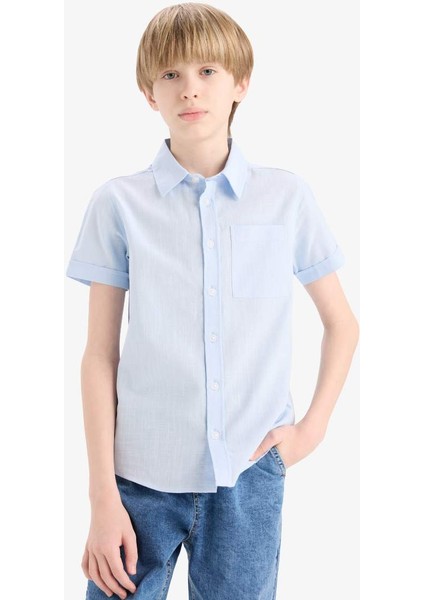 Yeni Sezon Erkek Çocuk Polo Yaka Keten Görünümlü Basic Düz Kısa Kollu Gömlek