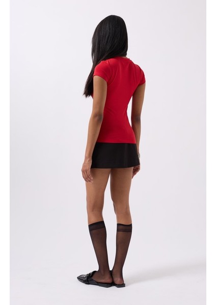 Nakış Detay Baskılı Crop T-Shirt
