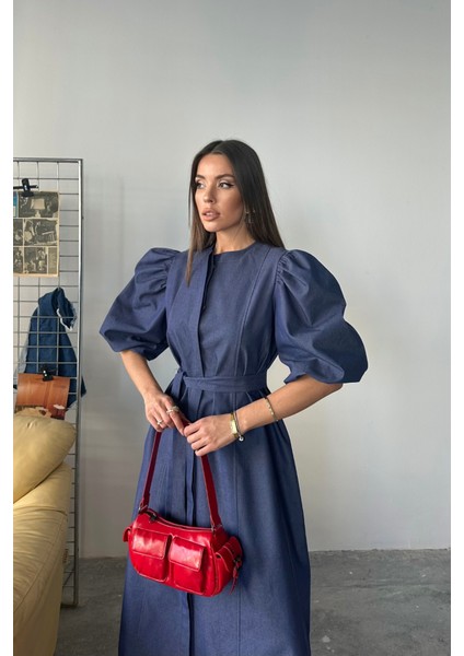 Tencel Karpuz Kol Elbise - Indigo