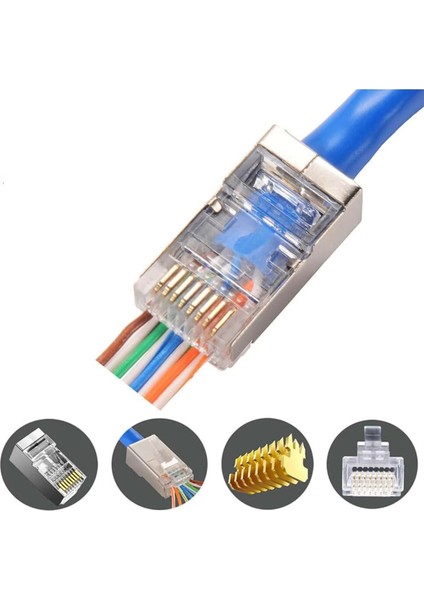 Ez-45 RC-878 Ez Pass RJ45 8P8C Plug 100 Lü Paket (Yeni Nesil Delikli Jack Metal)