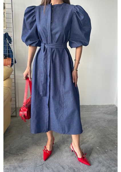Tencel Karpuz Kol Elbise - Indigo