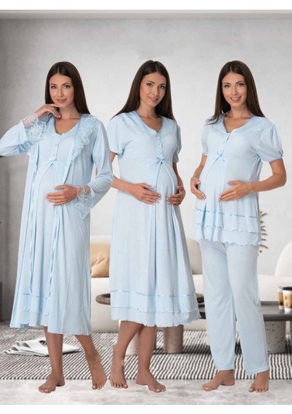 Dvina Effortt Lohusa 4'lü Set - Sabahlık/pijama Takımı/gecelik Mavi - 8026
