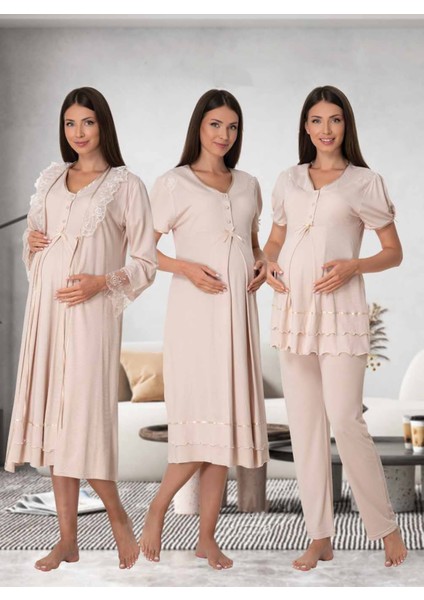 Dvina Effortt Lohusa 4'lü Set - Sabahlık/pijama Takımı/gecelik Bej - 8026