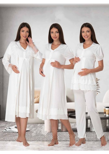 Dvina Effortt Lohusa 4'lü Set - Sabahlık/pijama Takımı/gecelik Ekru - 8026