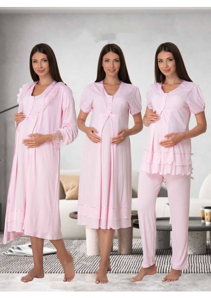 Dvina Effortt Lohusa 4'lü Set - Sabahlık/pijama Takımı/gecelik Pembe - 8026