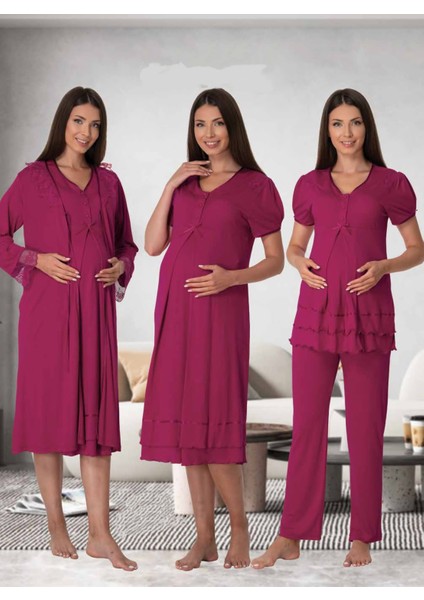 Dvina Effortt Lohusa 4'lü Set - Sabahlık/pijama Takımı/gecelik Fuşya - 8026