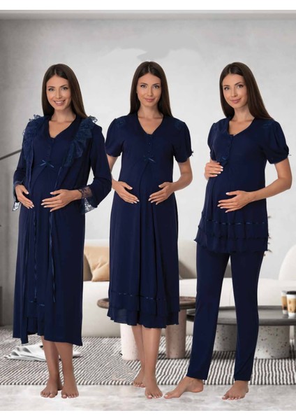 Dvina Effortt Lohusa 4'lü Set - Sabahlık/pijama Takımı/gecelik Lacivert - 8026