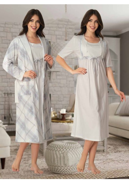 Dvina Effortt Lohusa Sabahlıklı Pijama Takımı Ekru-Mavi - 8045