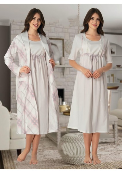 Dvina Effortt Lohusa Sabahlıklı Pijama Takımı Ekru-Pudra - 8045