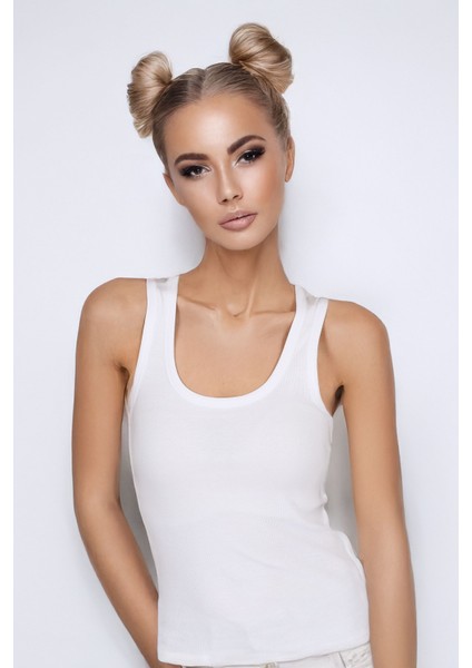 Beyaz Ribana Askılı Basic Kadın Bluz - Pia Velle