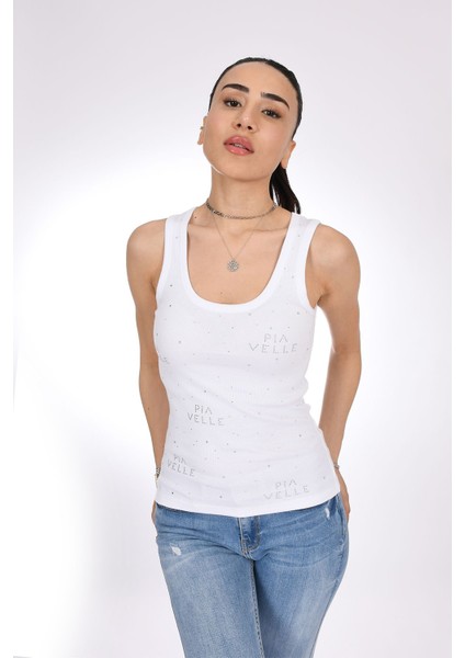 Beyaz Taş Detaylı Askılı Kadın Bluz - Şıklığın Zarif Dokunuşu - Pia Velle modelleri