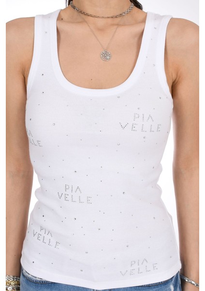 Beyaz Taş Detaylı Askılı Kadın Bluz - Şıklığın Zarif Dokunuşu - Pia Velle fırsatları