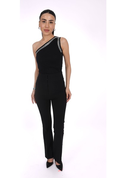 Siyah Tek Omuz Detaylı Taş Işlemeli Kadın Bluz - Pia Velle fiyatları