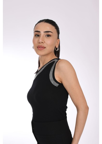 Siyah Tek Omuz Detaylı Taş Işlemeli Kadın Bluz - Pia Velle modelleri