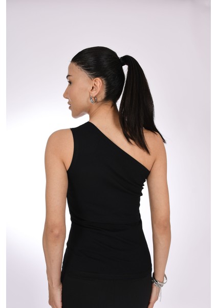 Siyah Tek Omuz Detaylı Taş Işlemeli Kadın Bluz - Pia Velle fırsatları