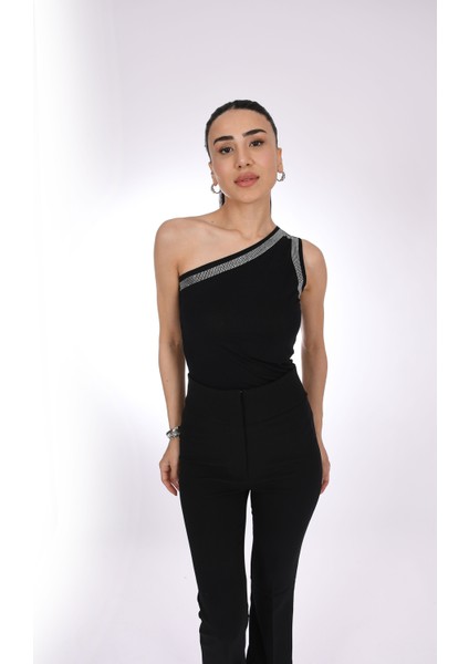 Siyah Tek Omuz Detaylı Taş Işlemeli Kadın Bluz - Pia Velle indirimleri