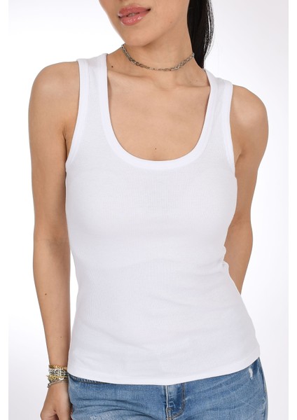 Beyaz Ribana Askılı Basic Kadın Bluz - Pia Velle modelleri