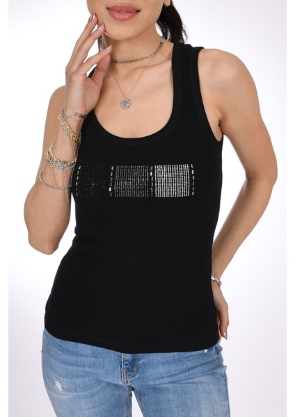 Siyah Taş Detaylı Askılı Kadın Bluz - Şık ve Modern - Pia Velle fiyatları