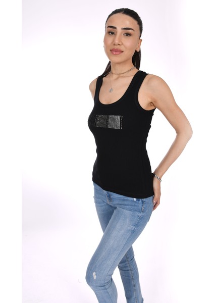 Siyah Taş Detaylı Askılı Kadın Bluz - Şık ve Modern - Pia Velle indirimleri