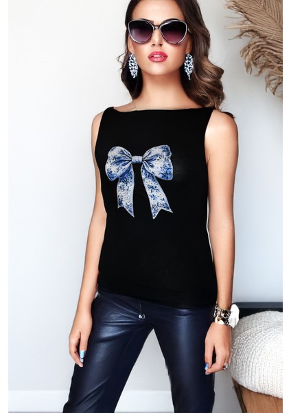 Siyah Mavi Fiyonk Detaylı Ribana Kadın Bluz - Pia Velle