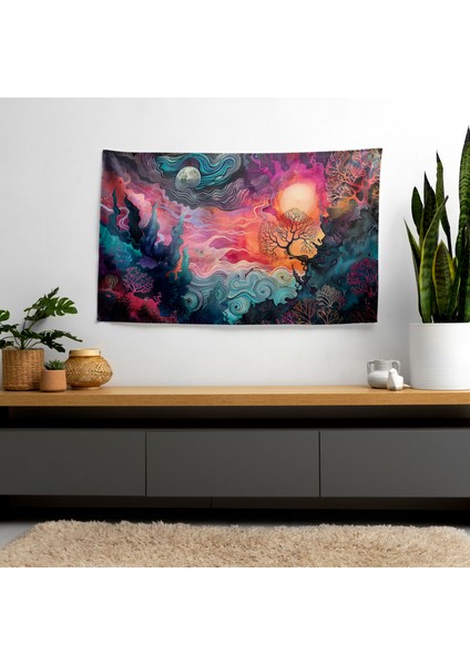 Gerçeküstü Soyut Sanat Duvar Örtüsü - Canlı Renkler, %100 Pamuk Sırt, Hafif Kumaş - Yatak