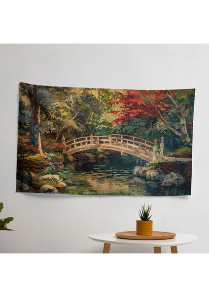 Empresyonist Japon Köprüsü Duvar Örtüsü - Pamuk Sırt, Polyester Ön - Canlı Renkler, Yatak