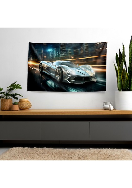 Ferrari Dijital Illüstrasyon Duvar Örtüsü - Canlı Renkler, Ranforce Kumaş, Yatak Odası, Oturma