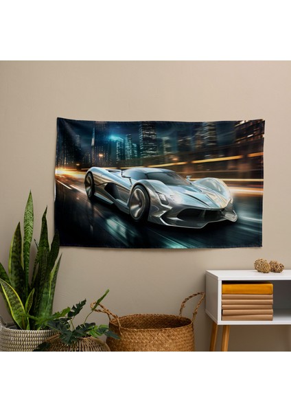 Ferrari Dijital Illüstrasyon Duvar Örtüsü - Canlı Renkler, Ranforce Kumaş, Yatak Odası, Oturma