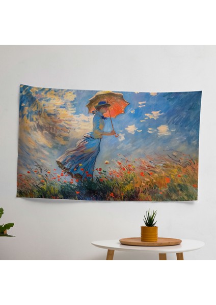 Empresyonist Claude Monet Şemsiye Duvar Örtüli Kadın - Canlı Ranforce Kumaş, Süblimasyon Baskı