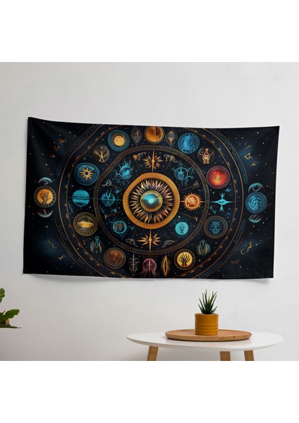 Burç Mandala Duvar Sanatı Örtü - Canlı Süblimasyon Baskı, Ranforce Kumaş - Pamuk Sırt,
