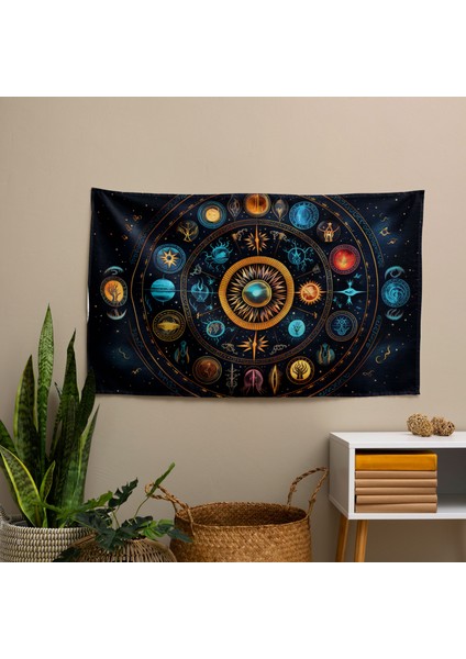 Burç Mandala Duvar Sanatı Örtü - Canlı Süblimasyon Baskı, Ranforce Kumaş - Pamuk Sırt, modelleri